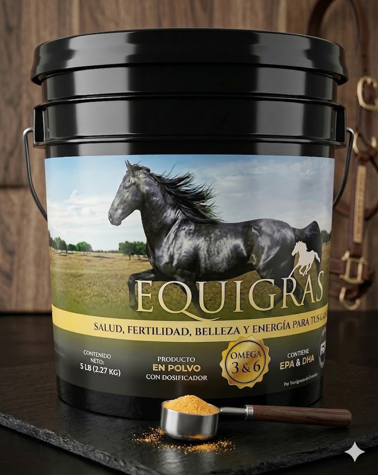 Presentación artística del suplemento EQUIGRAS® para equinos